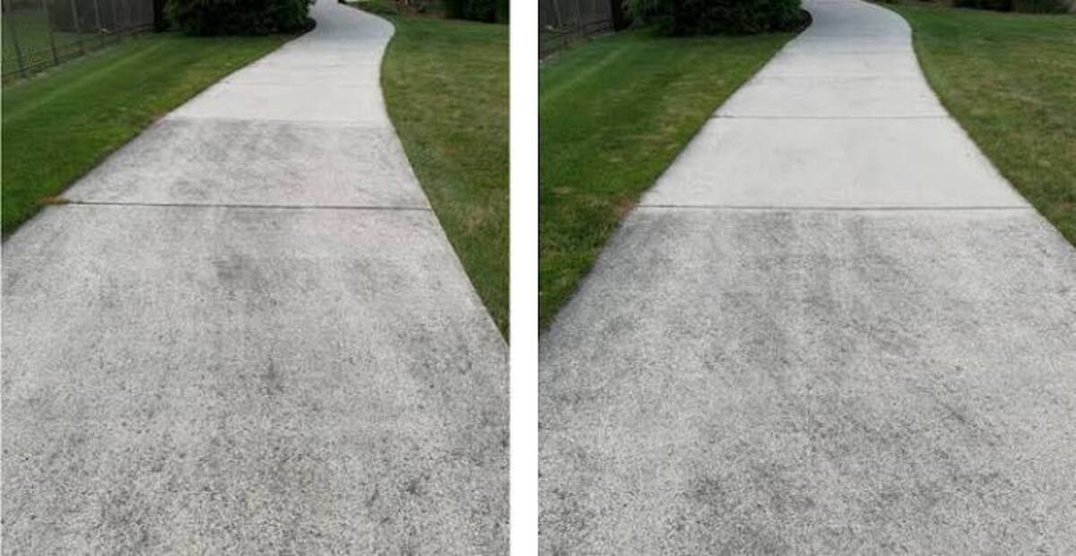 Before and after driveway cleaning showing dramatic concrete restoration.